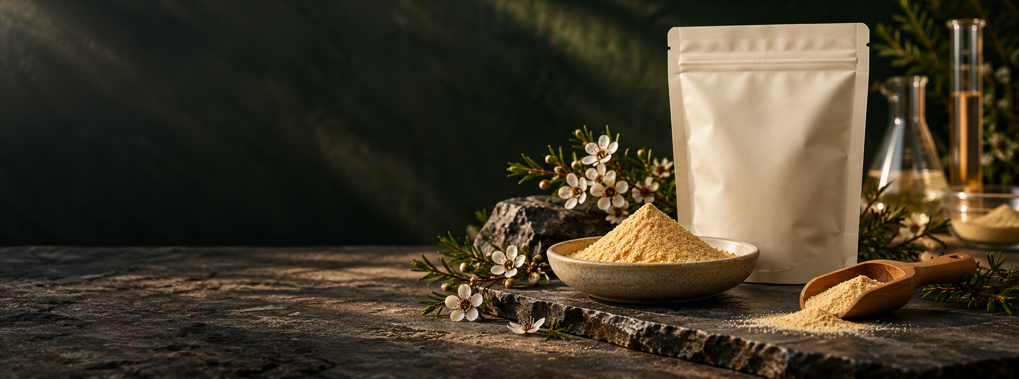 Mānuka honey powder in a premium food-development setting