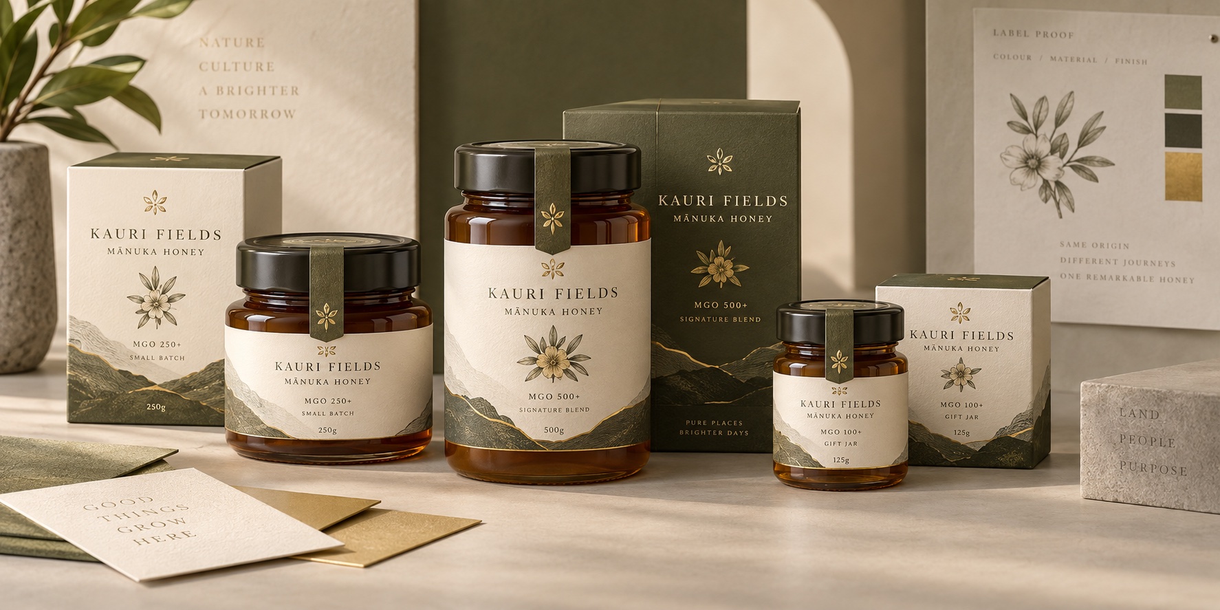 Illustrative range of premium private-label mānuka honey jars and cartons