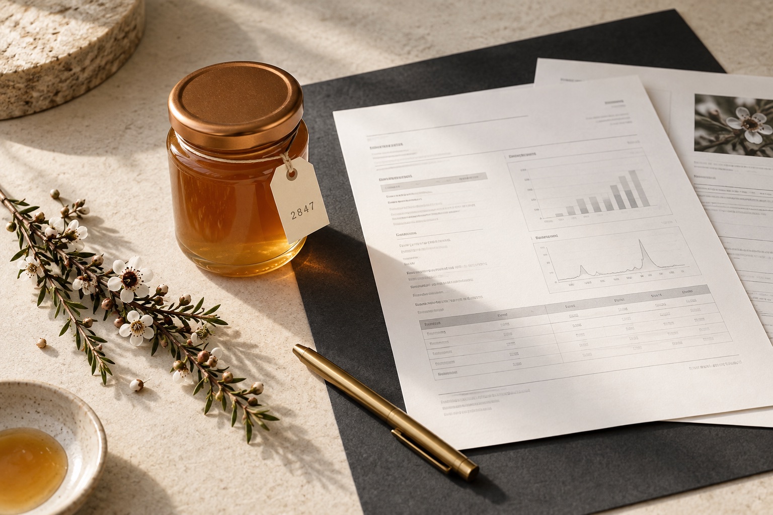 Illustrative mānuka honey batch sample beside analytical documentation