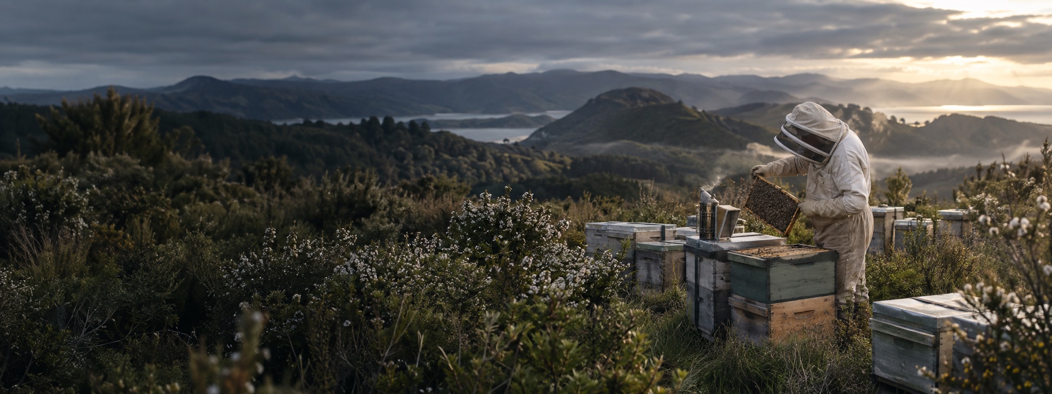 New Zealand beekeeper inspecting hives among native mānuka country